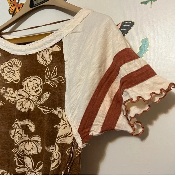 We The Free Brown and Cream Floral Short Sleeve Top S - Picture 5 of 9